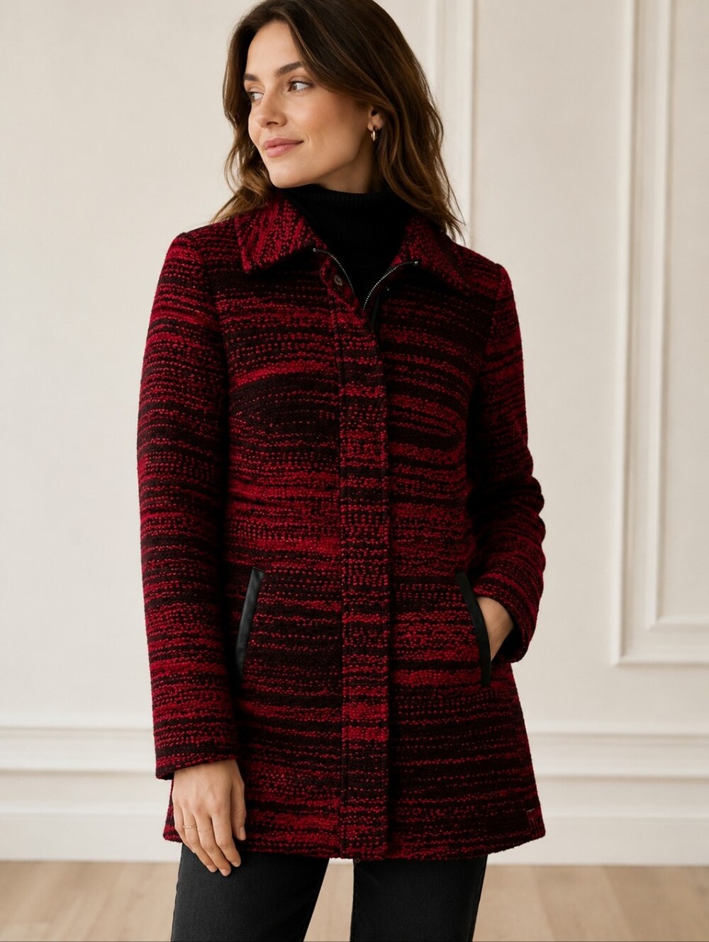 Mackage Red Black Wool Alpaca Blend Tailored Coat Leather Trim Womens Size XS